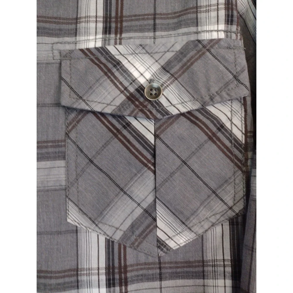 Rock & Republic Mens Medium Grey Plaid Western Roll Tab Sleeve Button Down Shirt